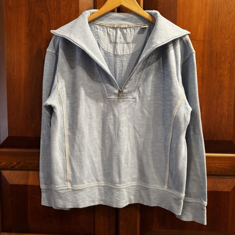 Tommy Bahama Tobago Bay 1/4 Zip Pullover Women’s Blue Textured Knit Sweatshirt L - Picture 4 of 15